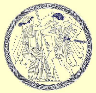 Theseus和Aethra，JE Harrison和DS MacColl的希腊花瓶绘画插图，1894年出版（数字增强图像） 作者 放学后
