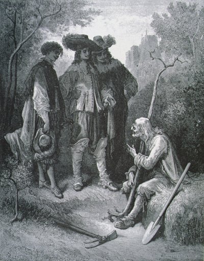 老男人和三个年轻人的插图，来自寓言的Jean de La Fontaine（1621-95） 作者 古斯塔夫之后多尔