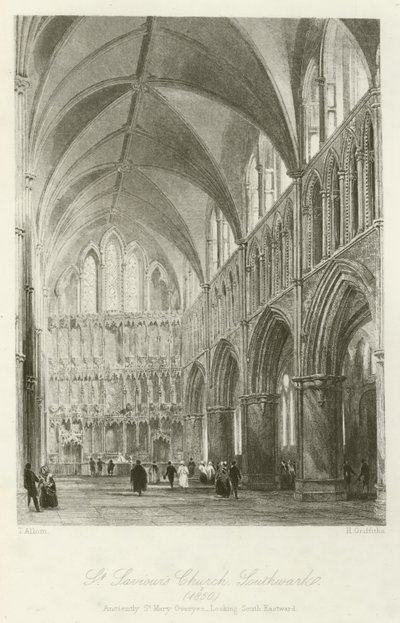 St Saviors教堂，南华克，1850年，古老的St Mary Overyes，向东看东南 作者 在Thomas Allom之后