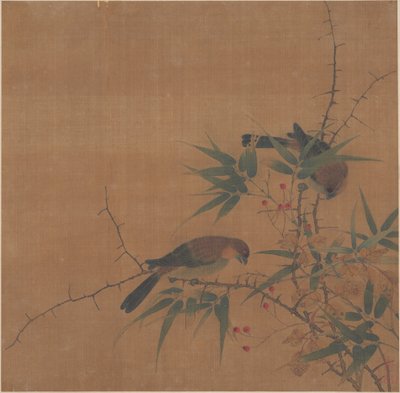 有浆果和小鸟的竹枝 作者 匿名的