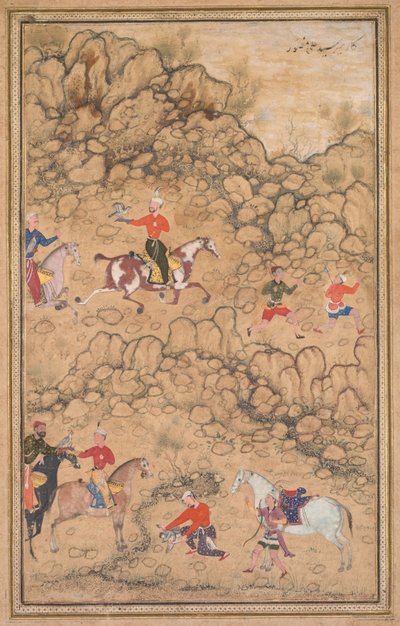 在风景中与猎鹰狩猎（右图） 作者 归因于 Abd al Samad（波斯语，c. 1510–1600）