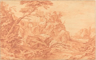 带有石塔和瀑布的岩石景观 作者 归功于 Adriaen Frans Boudewyns