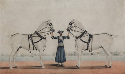 牵着两匹马车的西斯马夫，约1845年。 作者 归功于 Karraya 的 Shaikh Muhammad Amir。