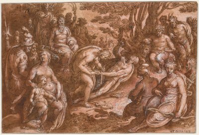 马西亚斯的剥皮》，约1570-1605。 作者 约翰内斯·斯特拉达努斯 Jan van der Straet
