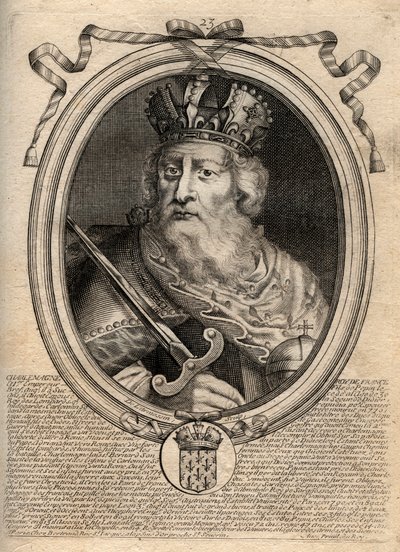 法兰克人国王查理曼大帝（Charles I dit le Grand, Carolus Magnus, 742-814）--查理曼大帝（Carolus Magnus, Charles the Great）（747-814）法兰克人的国王和西方的基督教皇帝--雕刻自《Les Augustes Representations de tous les Ki》。 作者 德拉梅辛