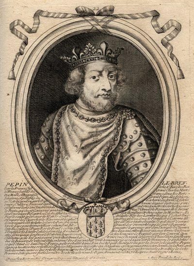 Pepin III dit Pepin le Brief (714-768)法国国王的肖像--Pepin III (714-68) (Pepin the Short) 法兰克国王--来自《Les Augustes Representations de tous les Kings de France from Pharamond to LouisXIV》的雕版，巴黎 作者 德拉梅辛