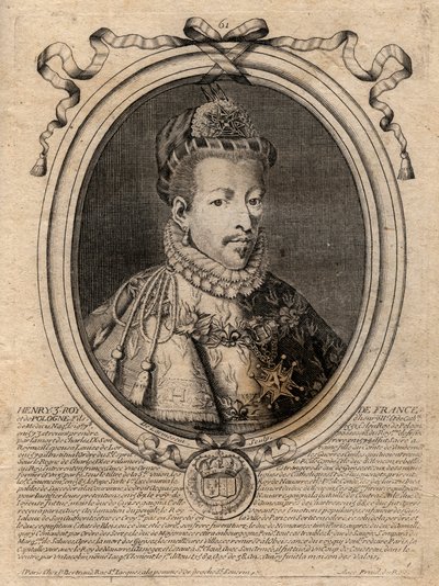 法国国王亨利三世（1551-1589）的肖像--法国国王亨利三世（1551-89）的肖像--雕刻自《从法拉蒙到路易十四的法国国王的奥古斯特表现》，巴黎 作者 de Larmessin