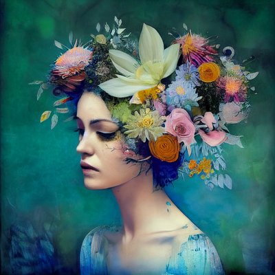 美丽的女人与花，抽象画，墙面艺术按需打印 作者 法赫塔利·阿卜杜勒拉希姆