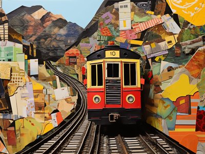 缆车火车站拼贴画，帆布艺术按需打印 作者 F. Abderrahim