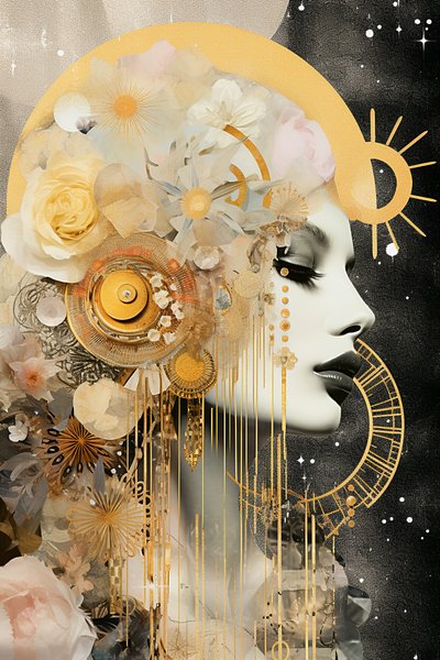金色和柔和的色彩在处女座宇宙新月，墙壁艺术 | 帆布版画 作者 F. Abderrahim