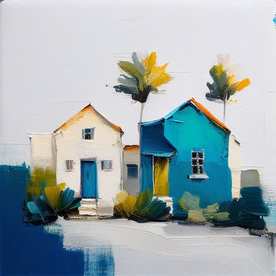 极简抽象油画：色彩斑斓的小屋, 壁画 | 帆布印花 作者 F. Abderrahim