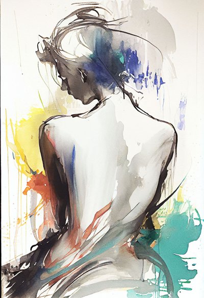 水彩画描绘了一个背对着坐着的女人 作者 法赫塔利·阿卜杜勒拉希姆