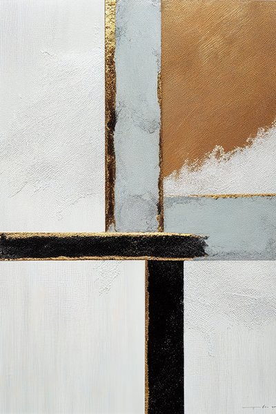 白色和黑色，金色抽象线条，帆布打印艺术 作者 F. Abderrahim