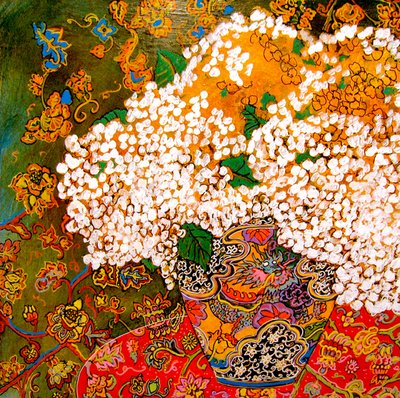 中国花瓶中的花朵，2016（混合、丙烯、墨水、油彩） 作者 琳达·亚瑟（Linda Arthur）