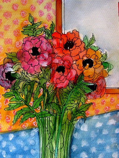 花瓶中的花朵，2014 年（水彩、水墨） 作者 琳达·亚瑟（Linda Arthur）