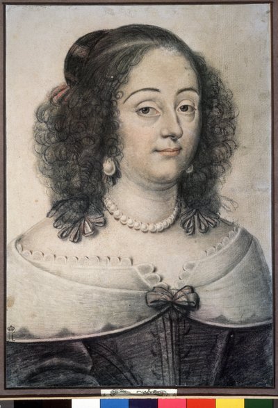"这可能是英国女王亨丽埃塔-玛丽亚（1609-1669 年）。丹尼尔-杜穆斯蒂埃（或杜蒙斯蒂埃）（1574-1646 年）1640 年粉笔画 莫斯科普希金博物馆 作者 或Dumoustier Daniel Dumonstier