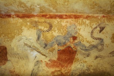 蓝色恶魔与蛇，壁画，蓝色恶魔之墓，塔尔基尼亚墓园（联合国教科文组织世界遗产名录，2004），意大利拉齐奥。伊特鲁里亚文明，公元前5世纪(照片) 作者 或 Magno Cesare Magni