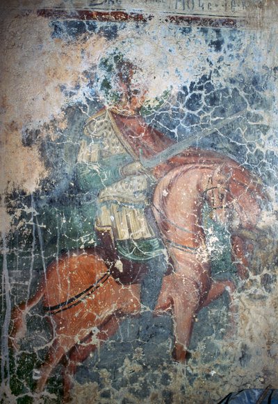骑马持剑的男子，希腊克里特岛凯法利Agios Athanasios拜占庭教堂的壁画(照片) 作者 Theodore Charles Ange Coquelin