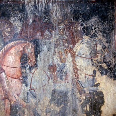 马背上的圣徒，希腊克里特岛Palaia Roumata教堂内的壁画（照片）。 作者 Theodore Charles Ange Coquelin