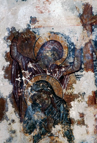 圣徒，希腊克里特岛Voukolies的Agios Constantinos和Agia Eleni拜占庭教堂的受损壁画（照片 作者 或 Magno Cesare Magni