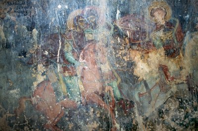 马背上的圣徒，希腊克里特岛凯法利Agios Athanasios拜占庭教堂的壁画(照片) 作者 或 Magno Cesare Magni
