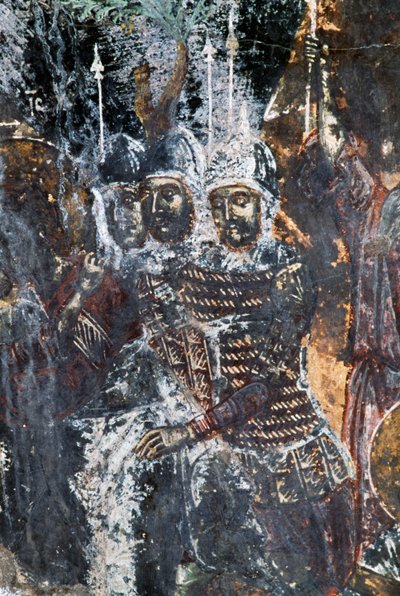 希腊克里特岛Vavouledo的Agios Vasileios教堂天花板上的士兵、受损壁画(照片) 作者 或 Magno Cesare Magni