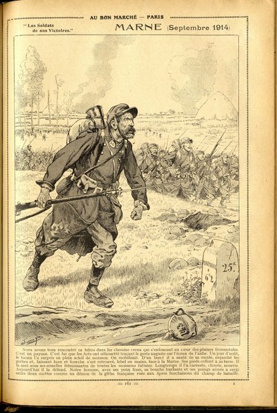 Agenda Buvard du Bon Marche 1917年--约伯的插图（雅克-玛丽（Jacques-Marie）加斯东-昂弗莱和布雷维尔）（1858-1931）。马恩河1914年9月--14-18年战争, 马恩河, 大战, 马恩河之战--士兵们 作者 Onfray de Breville Jacques Job的化名