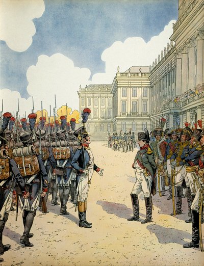 7 月 5 日至 6 日，拿破仑一世 (1769-1821) 在舍布伦 (Schoebrunn) 检阅了瓦格拉姆战役前的部队 作者 pseudonym for Onfray de Breville Jacques Job