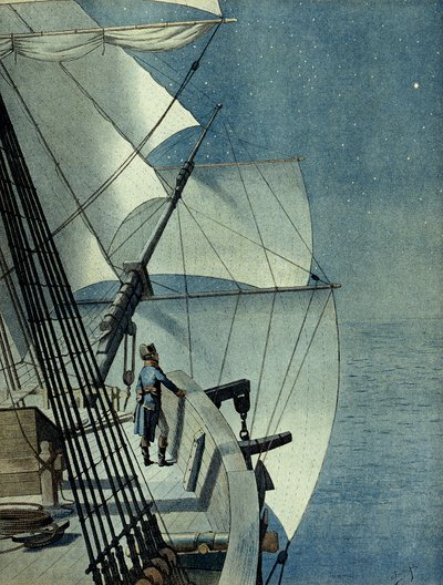 埃及战役（远征）（1798-1801）：从亚历山大港返回埃及，乘坐 "La Muiron "号船，拿破仑一世-波拿巴（1769-1821）独自在船桥上眺望地中海的夜景。 作者 Onfray de Breville Jacques Job的化名
