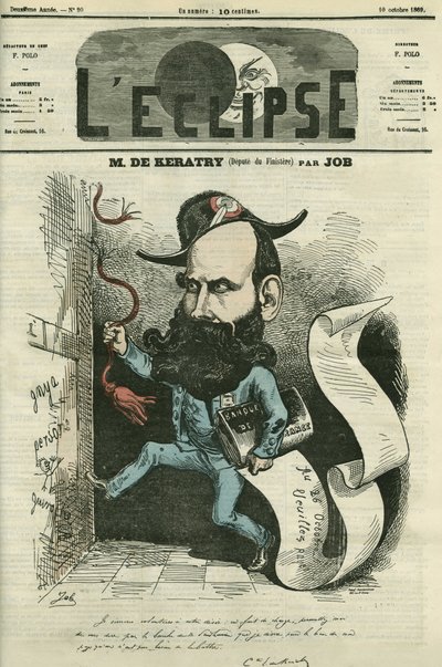 法国政治家Emile Keratry（1832-1904）的漫画。10月10日，约伯的 "日食 "中的封面 作者 Onfray de Breville Jacques Job的化名
