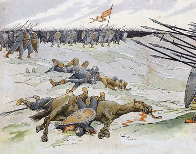 法英战争（1202-1214）：在1214年7月27日的布文斯战役中牺牲的士兵，该战役中菲利普-奥古斯特的法军与奥通四世的佛兰德人和维尔福人对峙。私人合作 作者 Onfray de Breville Jacques Job的化名
