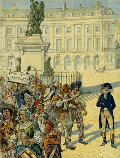1789 年法国大革命：拿破仑一世 (1769-1821) 于 1792 年 8 月 10 日在路易十四 (1638-1715) 雕像附近被巴黎胜利广场 (Place des Victoires) 推翻之前，受到一群内裤（没有内裤）的威胁 . 插图 作者 Onfray de Breville Jacques Job的化名