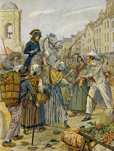 1789 年法国大革命：拿破仑一世 (1769-1821) 在 Les Halles 站在革命民众一边，不穿内裤（不穿内裤）。 Jacques Marie Gaston Onfray de Breville dit JOB (1858-1931) 的插图。 私人收藏 作者 Onfray de Breville Jacques Job的化名