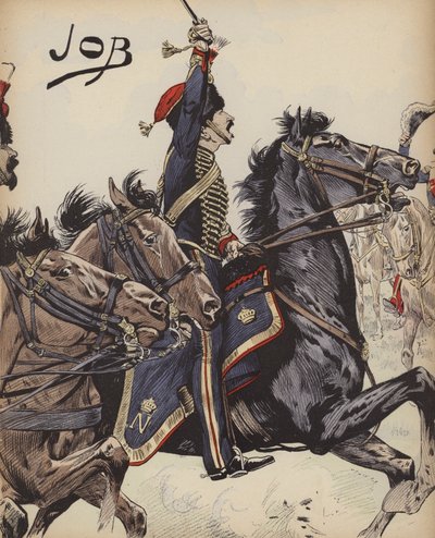 拿破仑战争中的法国骑兵（彩色平版印刷）。 作者 Onfray de Breville Jacques Job的化名
