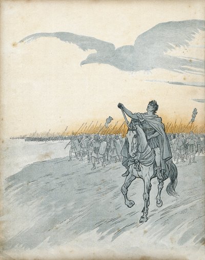 高卢战争：盖乌斯-尤利乌斯-凯撒（当时的朱尔-凯撒）（公元前100-44年）和他的军队入侵高卢。天空中出现了象征罗马帝国的鹰的影子。在 "法国，他的故事由G. Montorgueil讲述，由Job拍摄 "1896年。私人收藏。 作者 Onfray de Breville Jacques Job的化名