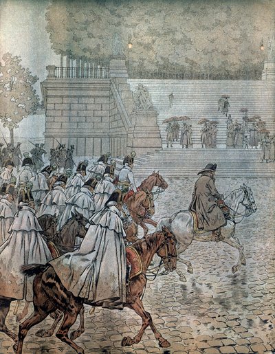 1813年的德国战役。拿破仑一世-波拿巴（1769-1821）和他的总参谋部（参谋部）在8月26日和27日的战斗中获胜后返回德累斯顿。在乔治-蒙托盖尔的《拿破仑》中。插图：Jacques Marie Gaston Onfray de Breville dit J 作者 Onfray de Breville Jacques Job的化名
