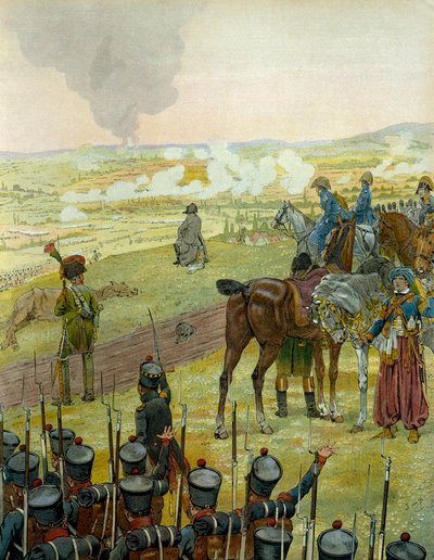 1813年的德国战役。拿破仑一世-波拿巴（1769-1821）在1813年5月20日和21日的包岑战役中，坐在鼓上折射出他的作战策略。在乔治-蒙托盖尔的《拿破仑》中。Jacques Marie Gaston Onfray de Brevill提供的插图。 作者 Onfray de Breville Jacques Job的化名