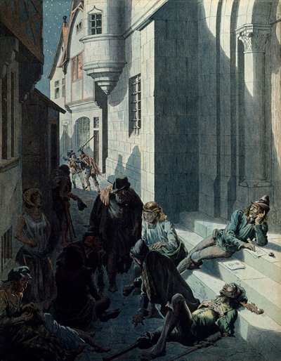 中世纪的法国史（Middle Ages）：弗朗索瓦·德·蒙科比尔（Francois de Montcorbier），又名弗朗索瓦·维永（1431-1463？），诗人，在悲惨的巴黎街头作曲。 Jacques Marie Gaston Onfray de Breville dit JOB 的插图 (1858-1931) 作者 Onfray de Breville Jacques Job的化名
