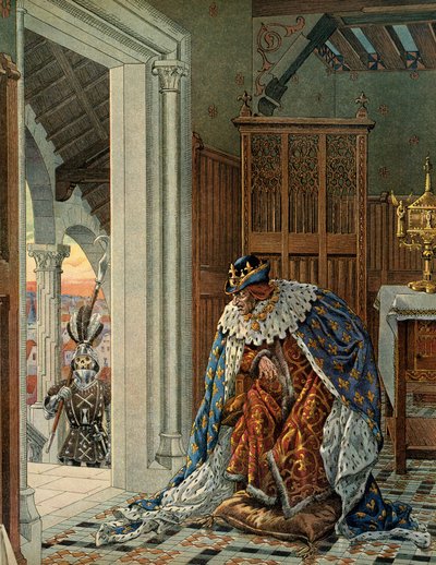 中世纪法国的历史（Middle Ages）：法国国王路易十一说谨慎的人（1423-1483）害怕死亡在门阶上穿着盔甲。 Jacques Marie Gaston Onfray de Breville dit JOB 的插图 (1858-1931) 作者 Onfray de Breville Jacques Job的化名