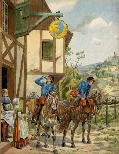 中世纪法国历史（Middle Ages）：路易十一国王统治时期的邮政服务称为普鲁登特（1423-1483）。 驻扎在旅馆的马背邮政。 Jacques Marie Gaston Onfray de Breville dit JOB 的插图 (1858-1931) 作者 Onfray de Breville Jacques Job的化名