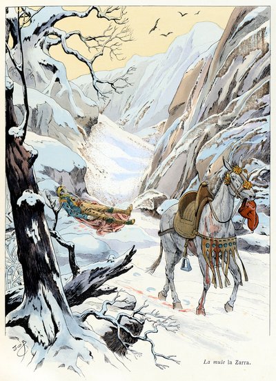 Illustration from the book “A la gloire des betes”” text by A Fabre, drawings by Jacques Marie Gaston Onfray de Breville dit JOB (1858-1931), publisher Maison Alfred Mame and son: La mule 