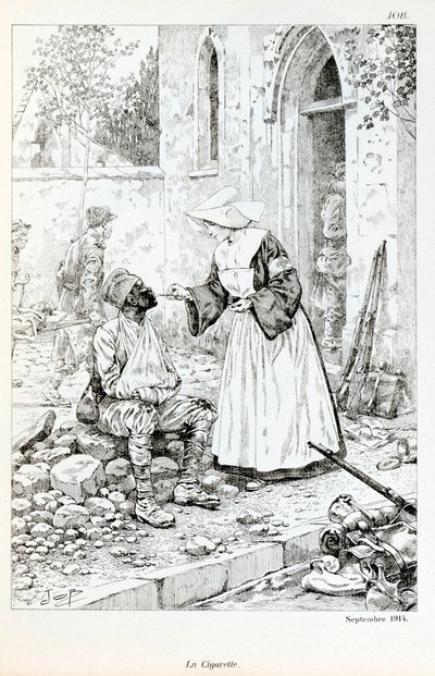 来自《艺术家的大战争》一书的插图。"1914年9月的香烟》（La cigarette septembre 1914），由雅克-玛丽-加斯顿-昂弗雷-德-布雷维尔（Jacques Marie Gaston Onfray de Breville dit JOB）（1858-1931）创作，Partiale收藏。 作者 Onfray de Breville Jacques Job的化名
