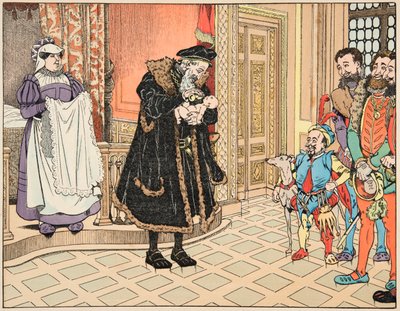 来自 "Le bon roy Henri "一书的插图，由Jacques Marie Gaston Onfray de Breville dit JOB（1858-1931）绘制。亨利四世的诞生，他的祖父亨利-阿尔布雷特（1503-1555）用一瓣大蒜擦拭嘴唇 - 私人收藏 作者 Onfray de Breville Jacques Job的化名