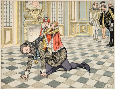 来自 "Le bon roy Henri "一书的插图，由Jacques Marie Gaston Onfray de Breville dit JOB（1858-1931）绘制。在西班牙大使面前，亨利四世与他的孩子们玩耍 - 私人收藏 作者 Onfray de Breville Jacques Job的化名