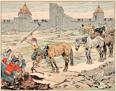 插图取自《Le bon roy Henri》一书，由Jacques Marie Gaston Onfray de Breville dit JOB（1858-1931）绘制。饥饿的巴黎人宰杀他们的马匹 - 私人收藏 作者 Onfray de Breville Jacques Job的化名