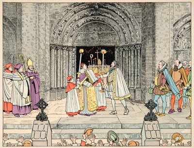 插图取自“Le bon roy Henri”一书，由 Jacques Marie Gaston Onfray de Breville dit JOB (1858-1931) 插图：Henri IV, Basilica Saint Denis 放弃他的宗教并皈依 - 私人收藏 作者 Onfray de Breville Jacques Job的化名