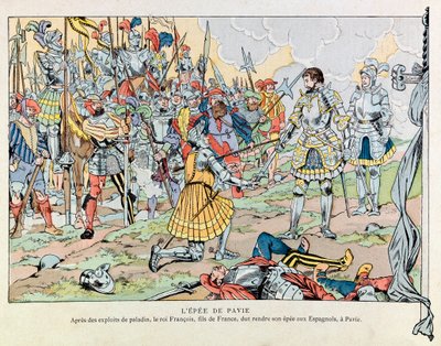 Jacques Marie Gaston Onfray de Breville dit JOB (1858 - 1931); 插图来自《Les epees de France》一书。2月24日，弗朗索瓦一世国王在帕维亚战役结束后将他的剑还给了西班牙人。 作者 Onfray de Breville Jacques Job的化名