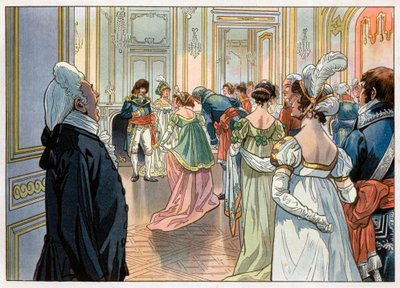 Joachim Murat（1767-1815）当时的巴黎总督和他的妻子 Caroline Bonaparte（1782-1839）在他位于巴黎旺多姆的酒店举办的派对上接待了客人。 邀请由仆人宣布，然后他们在客人面前恭敬。 雕刻者 作者 Onfray de Breville Jacques Job的化名