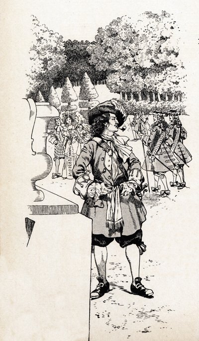 被称为苏莱尔国王的法国国王路易十四（1638-1715）和他的朝臣们在凡尔赛宫的花园里。约伯（雅克-玛丽-加斯顿-昂弗莱和布雷维尔）（Jacques-Marie）（1858-1931）为《法国国家历史上的大事件》一书所作的插图 作者 Onfray de Breville Jacques Job的化名