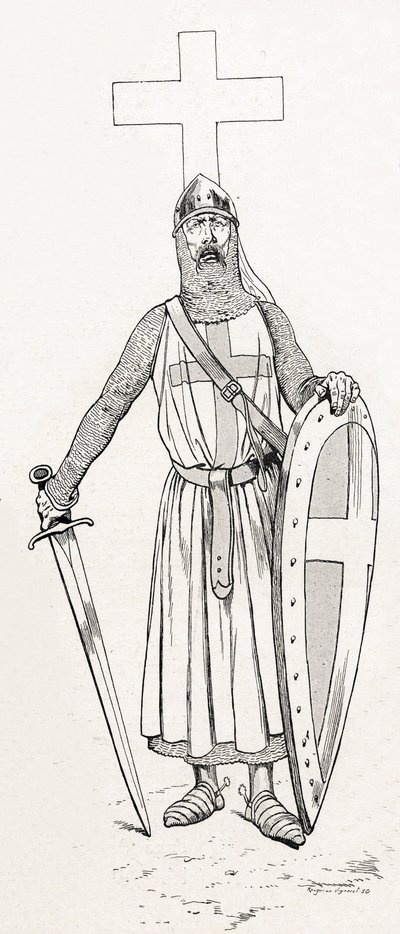 路易九世的骑士，又称圣路易（1214-1270），穿着十字军服装。约伯（Jacques Marie Gaston Onfray and Breville）（Jacques-Marie）（1858-1931）为1915年出版的《Les grands mots historiques du pays de France》一书所作的插图。Privee收藏。 作者 Onfray de Breville Jacques Job的化名